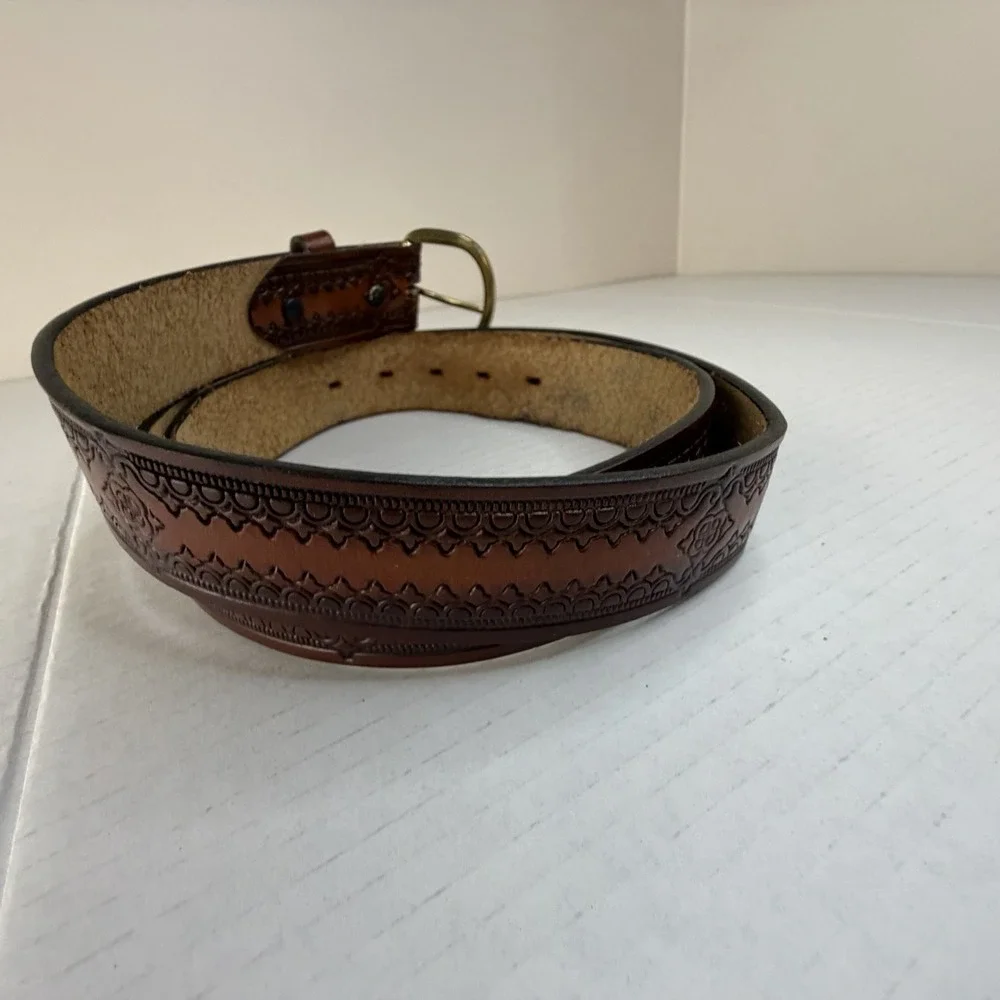 Western Cowboy Brown Leather Men's Belt Decorative Tooled Full Grain, Brass 47